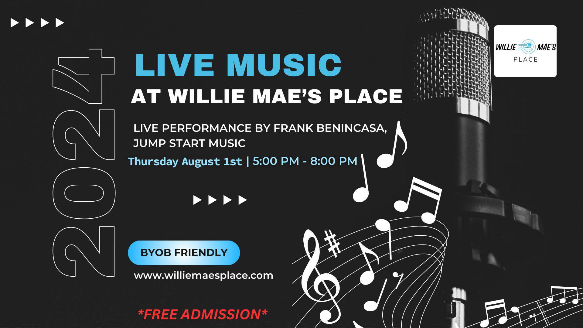 Live Music at Willie Mae's Place on 8/1/24